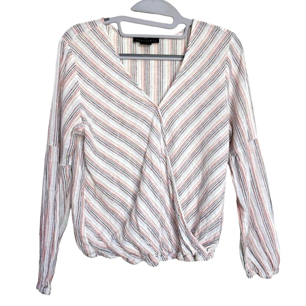Sanctuary Womens Top Size XS Multicolor Striped Linen Blend Wrap Blouse